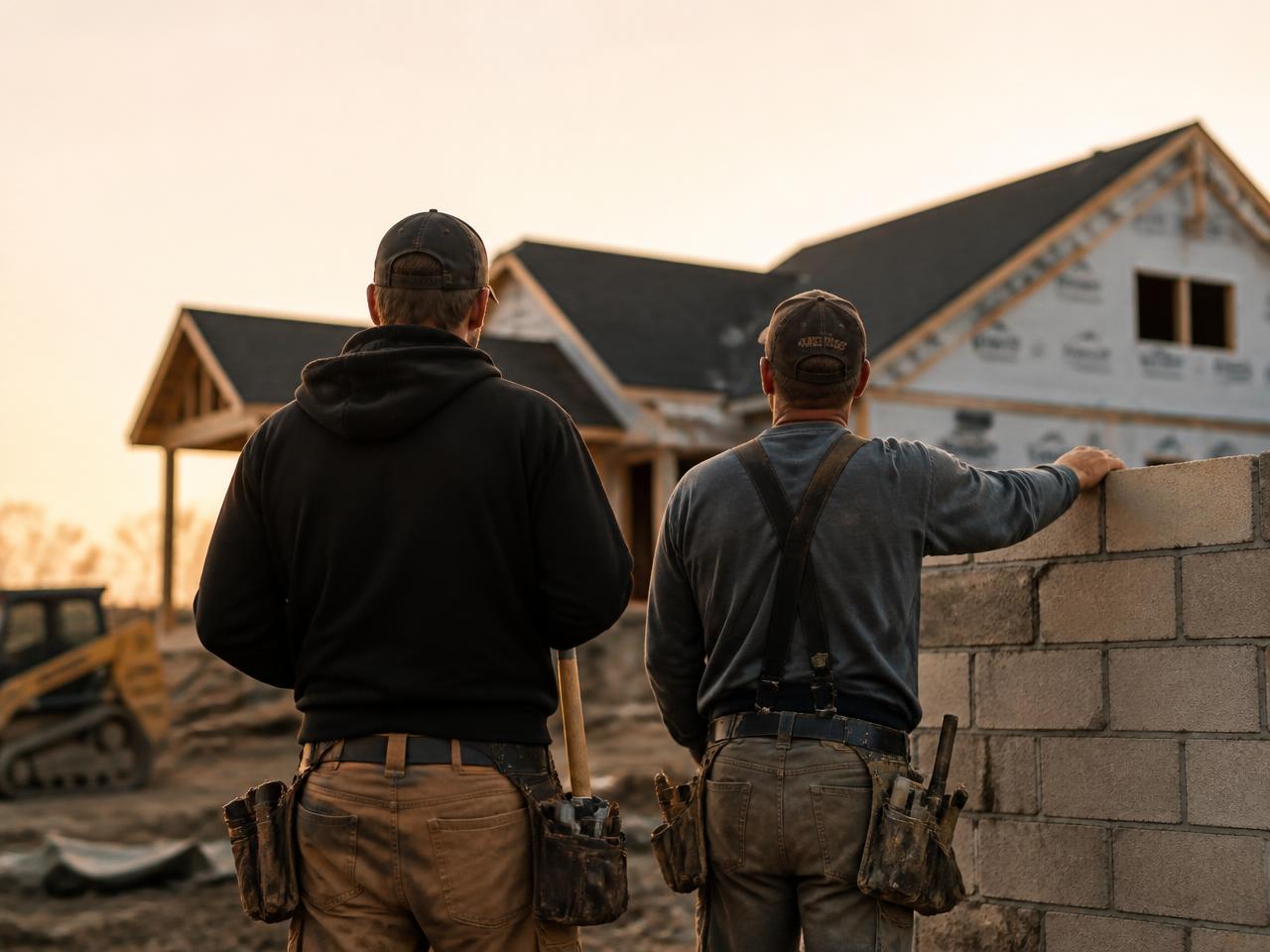 Deux artisans sur un chantier de construction en fin de journée